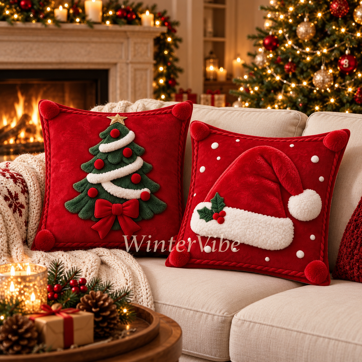 Weihnachtliche Kissenbezüge im 2er-Set – Weihnachtsmütze & Tannenbaum, 2D-Druck, 45 × 45 cm