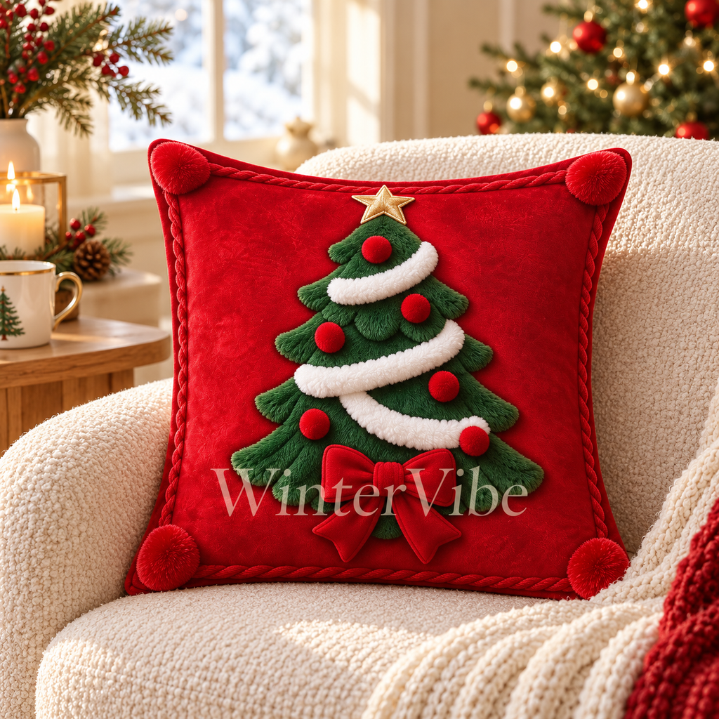 Weihnachtliche Kissenbezüge im 2er-Set – Weihnachtsmütze & Tannenbaum, 2D-Druck, 45 × 45 cm