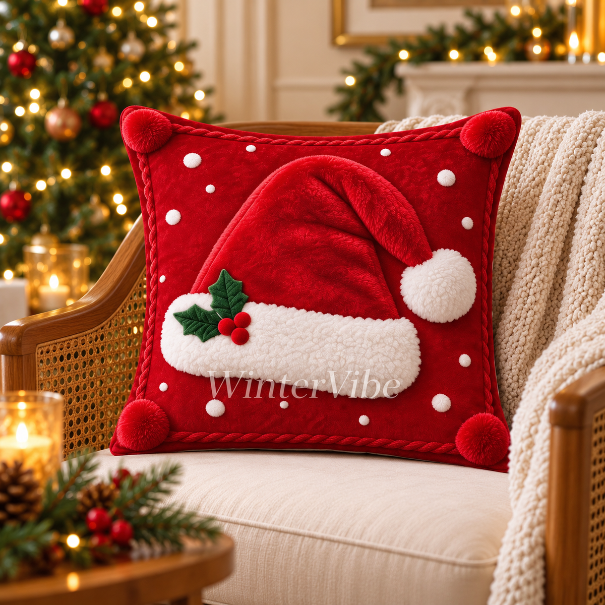 Weihnachtliche Kissenbezüge im 2er-Set – Weihnachtsmütze & Tannenbaum, 2D-Druck, 45 × 45 cm