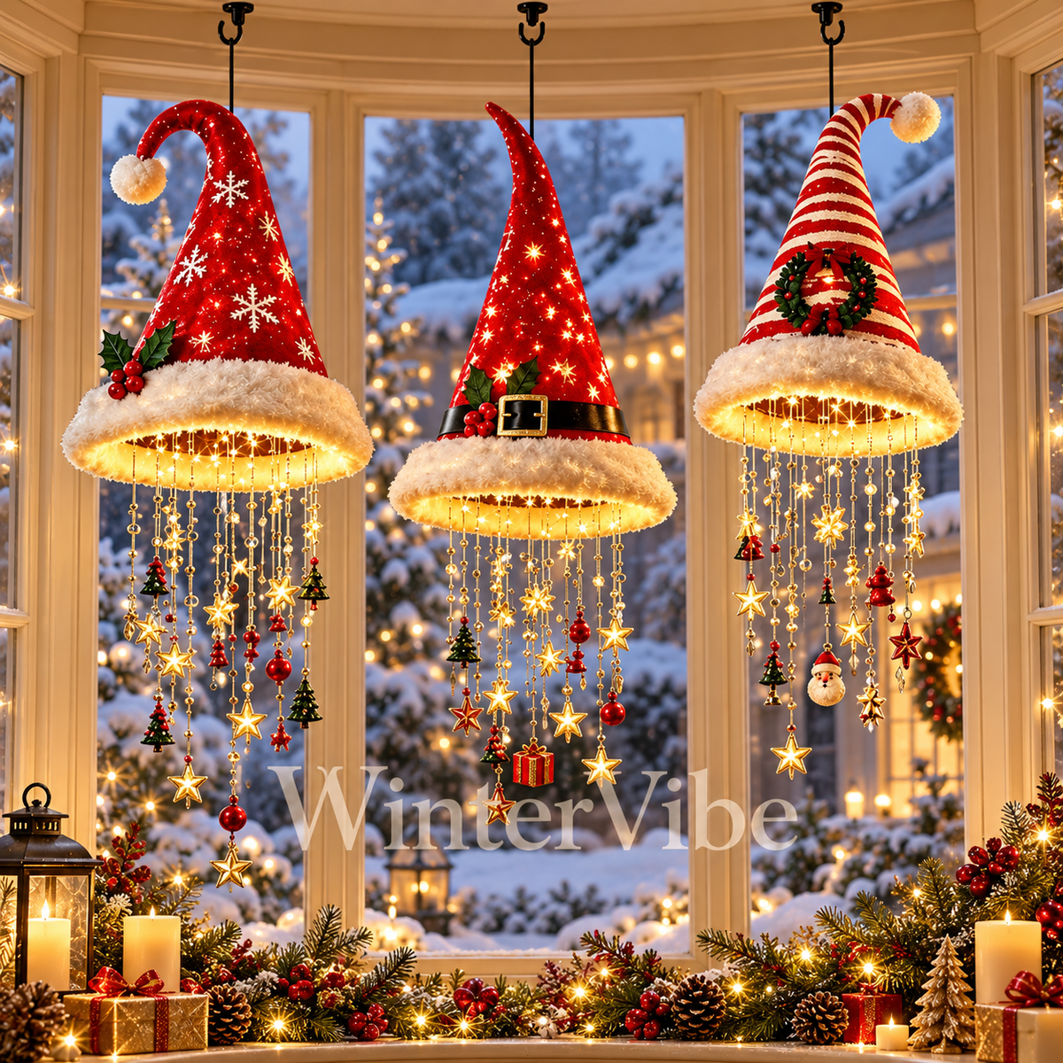 3pcs Leuchtende Weihnachtsmütze zum Aufhängen – mit warmem LED-Licht und dekorativen Anhängern