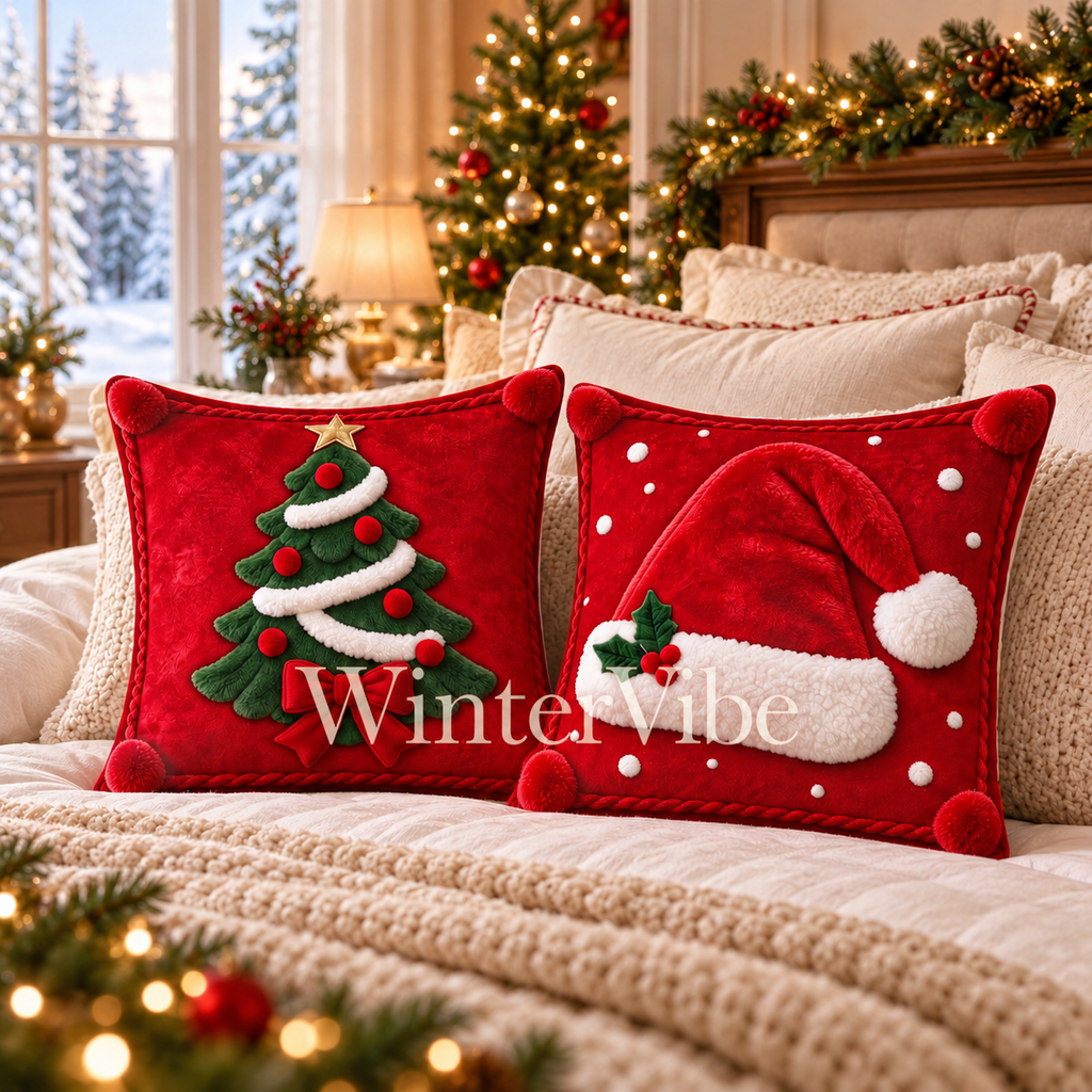Weihnachtliche Kissenbezüge im 2er-Set – Weihnachtsmütze & Tannenbaum, 2D-Druck, 45 × 45 cm