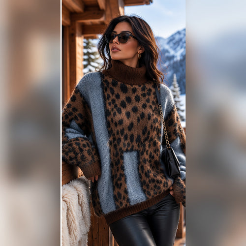 Damen Oversize Rollkragenpullover mit Leopardenmuster – Kuschelig, Modern & Stilvoll