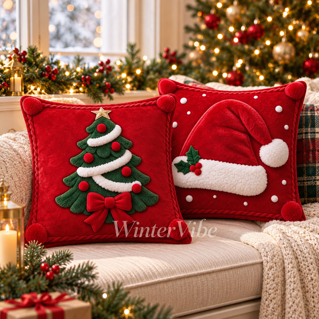 Weihnachtliche Kissenbezüge im 2er-Set – Weihnachtsmütze & Tannenbaum, 2D-Druck, 45 × 45 cm